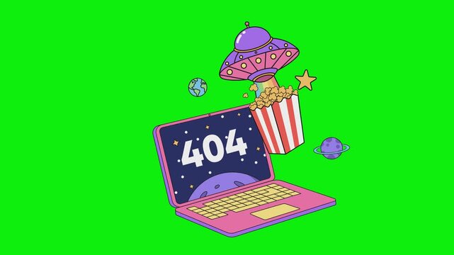 404 Error Page Illustration with UFO and Laptop &ndash; Creative Web Error, Not Found Concept Animation On a Green Screen Background