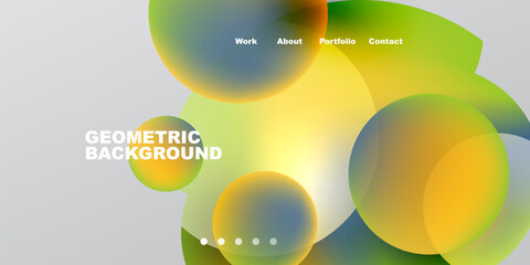 Abstract design features overlapping colorful circles. Text includes work, about, portfolio, contact, geometric background. Minimalist aesthetic.