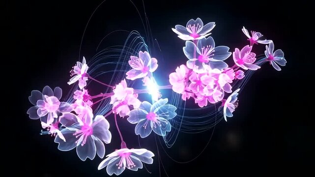 Abstract glowing cherry blossoms on black background with light effects.