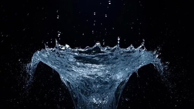 Dynamic night-time water splash captured in mid-air against dark background.