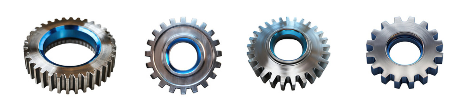 Set of Four Modern Metal Gears with Blue Accents, Isolated Elements isolated on transparent background