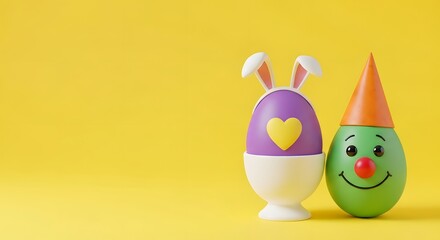 Easter egg bunny and carrot decoration on yellow background suitable for spring holiday and kids party design