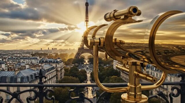 Golden tourist telescope on a balcony overlooking the eiffel tower and paris cityscape at sunrise