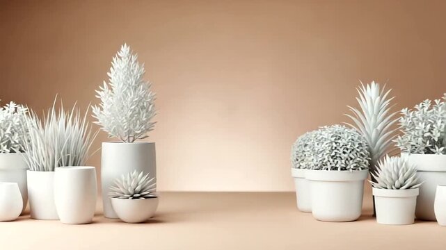 Collection of White Potted Plants on a Neutral Background.