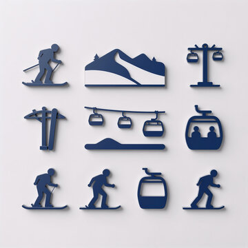 realistic 3d render, collection of ski resort line icons showcasing winter sports and ski area layouts