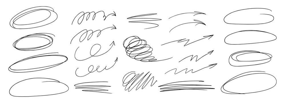 Pen scratch arrow and scribble doodle swirl with squiggle random squiggly. Effect line messy and pencil sketch circle with isolated stroke element. Abstract vintage pen drawing and mark scribble