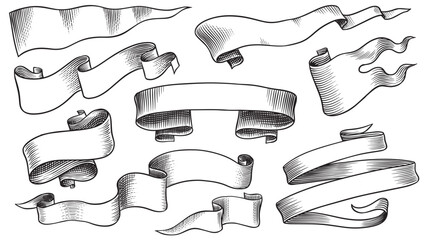 Set of scroll ribbon banners in Barocco style. Hand drawn engraving for your text in vintage traditional technique. For wedding, events, birthday and greetings.