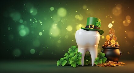 Shiny tooth wears green leprechaun hat, surrounded by shamrock and pot of gold coins for St. Patricks Day dental care concept.