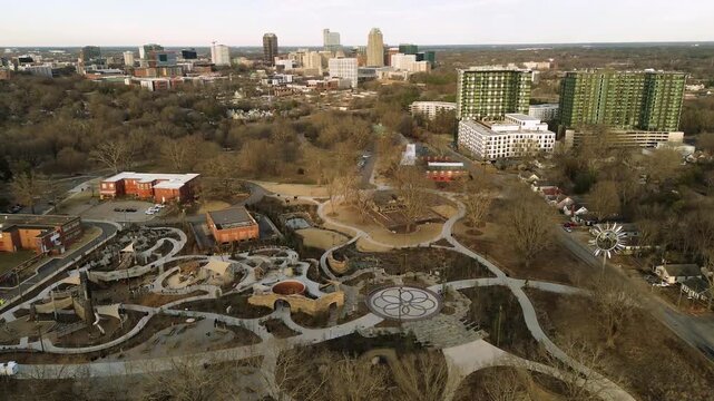 Aerial view of the Gipson Play Plaza playground in Dix Park, a public park near downtown Raleigh
