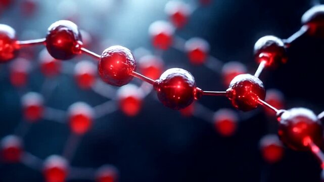 Abstract representation of interconnected red molecules in motion
