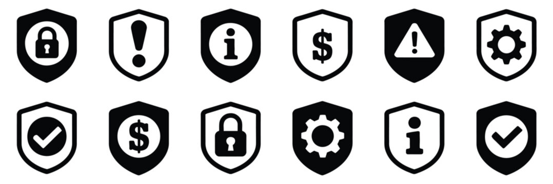Shield icon set, security shield icons including check mark and protection symbols, vector illustrations perfect for cybersecurity, data protection, privacy, safe access, technology interfaces