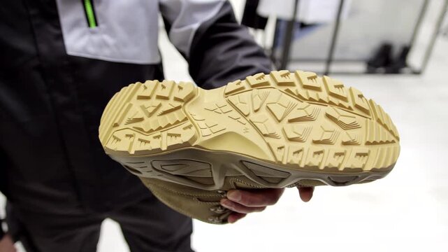 Close-up of the sole of a rugged outdoor boot held in a person hand. Textured rubber outsole with deep tread pattern designed for traction and durability. Concept of workwear and safety shoes.