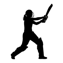 Silhouette of a woman playing cricket, isolated on white background