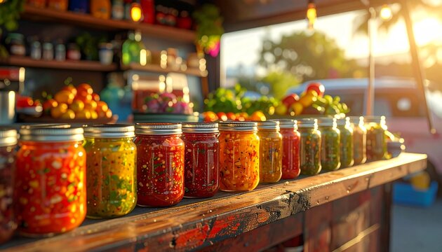 A vibrant market stand displays healthy jars of jam and fresh pickled vegetables with spices, creating a colorful grocery shop buffet of natural sweet fruits and red and green vegetables