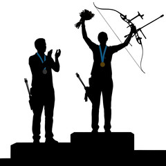 archery winners podium silhouette, gold and silver medalists with bow and arrows, isolated on white background