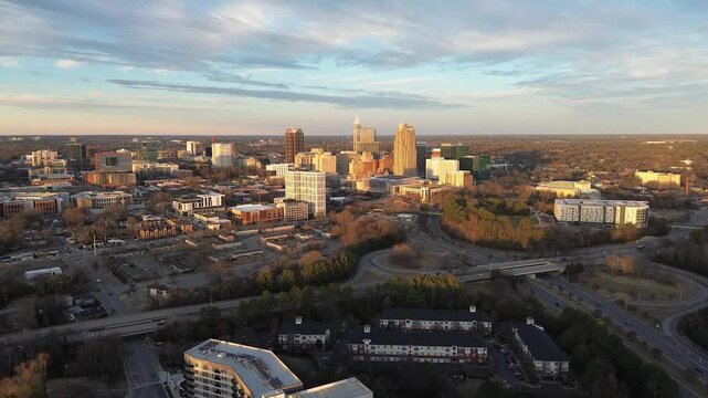 Aerial view of downtown Raleigh at sunset looking North