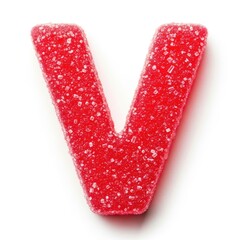 A vibrant red letter v made of what appears to be a chewy candy material.