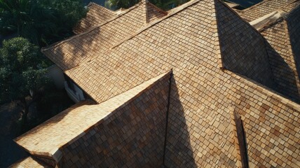 Architectural detail of wooden shingle roof with sunlit highlights. Artificial intelligence image