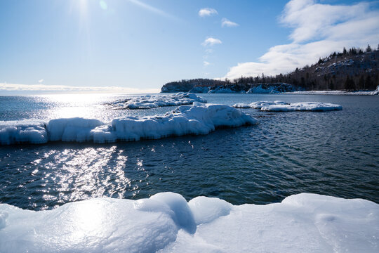 Vast ice formations on the shores of Lake Superior North Shore Minnesota during a cold winter day 