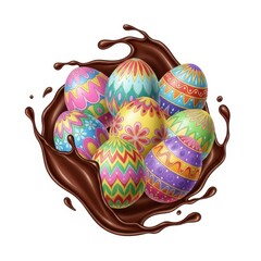Colorful easter eggs submerged in flowing chocolate