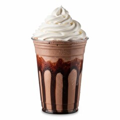 A tall chocolate dessert with whipped cream and chocolate swirls on top