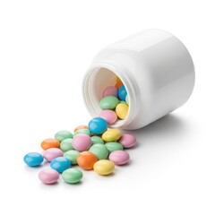 Colorful candies spilling out of a tipped pill bottle against a plain background