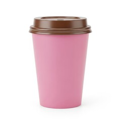 A pink disposable coffee cup with a brown lid and sleeve for hot beverages.