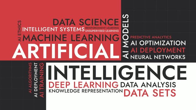 Modern Split Layout Artificial Intelligence Word Cloud Animation Shameless Loop. AI Kinetic Typography Red Black Theme