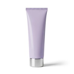 A tube of light purple cosmetic cream standing upright against a plain background
