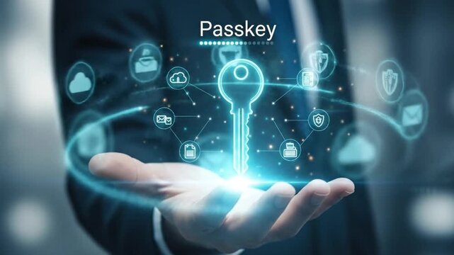 Holographic Passkey Interface with Skeleton Key &ndash; Cybersecurity and Digital Access Concept, businessman hand pushing a button on the touch screen