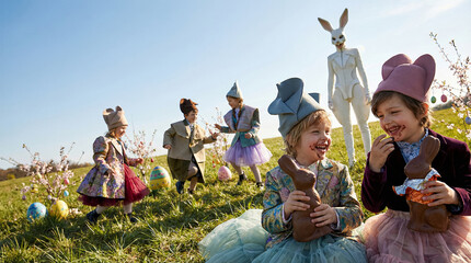 Kids Easter Celebration - Children with Bunny Ears Playing Egg Hunt Game on Green Lawn