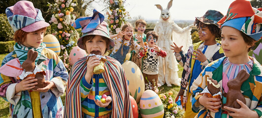 Kids Easter Celebration - Children with Bunny Ears Playing Egg Hunt Game on Green Lawn