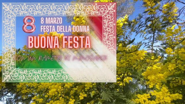 Biglietto animato per la Festa della Donna con rametto di mimosa e testo di auguri, su sfondo cielo blu