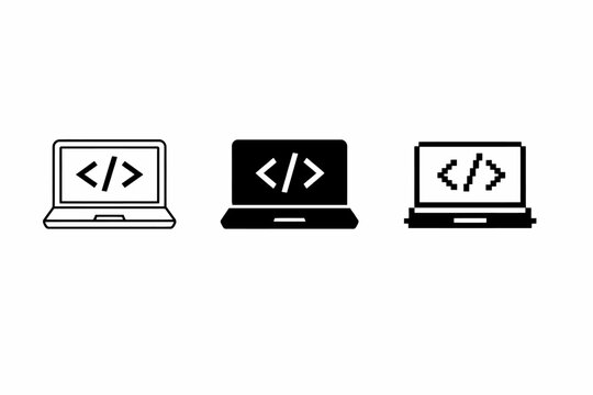 Coding icons: set of three laptop symbols with html code brackets