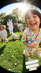 Kids Easter Celebration - Children with Bunny Ears Playing Egg Hunt Game on Green Lawn