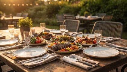 Fototapeta premium Outdoor patio dining scene capturing a medium shot of shared platters with grilled meats and sides on a wooden table multiple place settings with casual decor softly blurred.