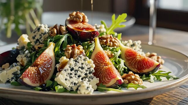 Gourmet salad with figs walnuts and cheese on plate overhead view