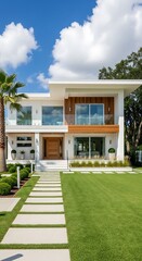 Modern twostory white house with brown accents and large windows on a green lawn with a stone pathway  luxury residential architecture