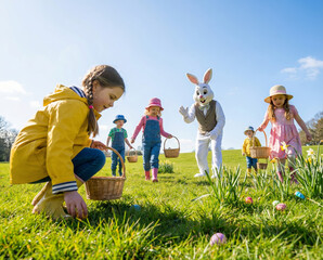 Kids Easter Celebration - Children with Bunny Ears Playing Egg Hunt Game on Green Lawn