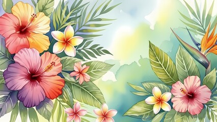 Tropical Floral Watercolor Background with Hibiscus and Plumeria Flowers