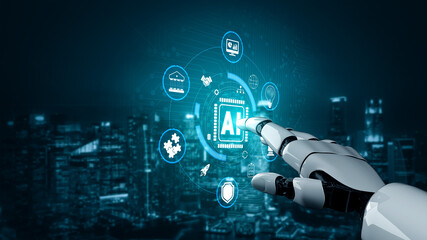 Futuristic Robot Hand Interacting with Artificial Intelligence Icons in a Digital Cityscape at Night Quark.