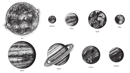 Planets of the Solar system in hand drawn stippling dot work style for science and astronomical usage. education material. Mercury, Venus Earth, Mars, Jupiter and Saturn as well as Neptune and Uranus © artbalitskiy
