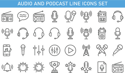 Audio and Podcast Line Icons Set, Microphone Headphones Radio Sound Recording and Broadcasting Vector Collection for Media Design