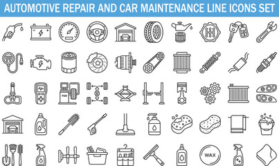 Automotive repair and car maintenance line icons set, garage tools spare parts cleaning service vector illustration isolated on white background © Creative Mind