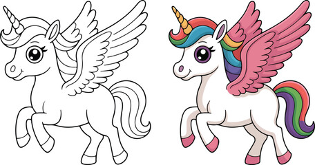 Magical winged unicorn with a colorful rainbow mane and tail stands in a charming playful pose © MS- ELITE GRAFIX