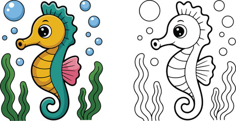 A charming seahorse swims among ocean plants and bubbles, displayed in vivid color and as line art © MS- ELITE GRAFIX