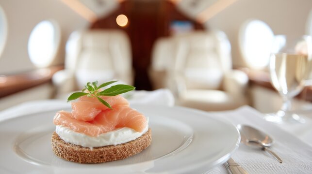 Delicious Appetizer Served on White Plate in Gulfstream Aircraft Cabin During Luxury Travel Experience