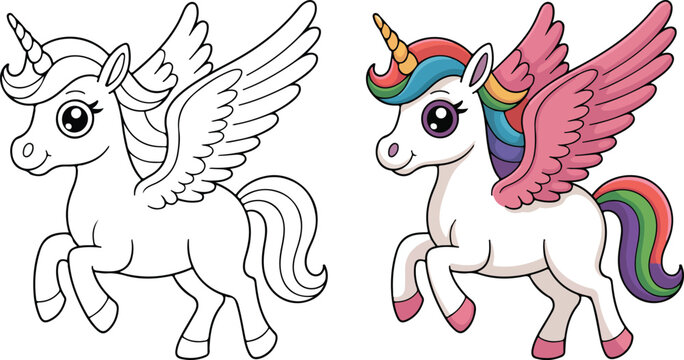 Magical winged unicorn with a colorful rainbow mane and tail stands in a charming playful pose