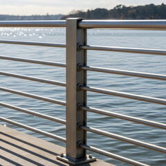 Obraz premium A metal railing on a dock with water in the background
