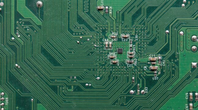 Close-up view of a green circuit board with electronic components and intricate pathways